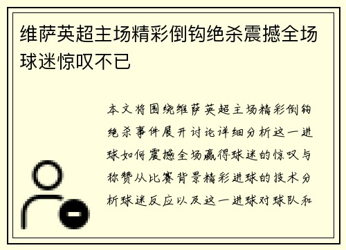维萨英超主场精彩倒钩绝杀震撼全场球迷惊叹不已