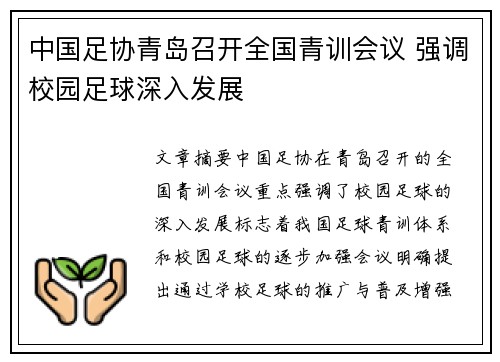 中国足协青岛召开全国青训会议 强调校园足球深入发展