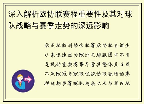 深入解析欧协联赛程重要性及其对球队战略与赛季走势的深远影响